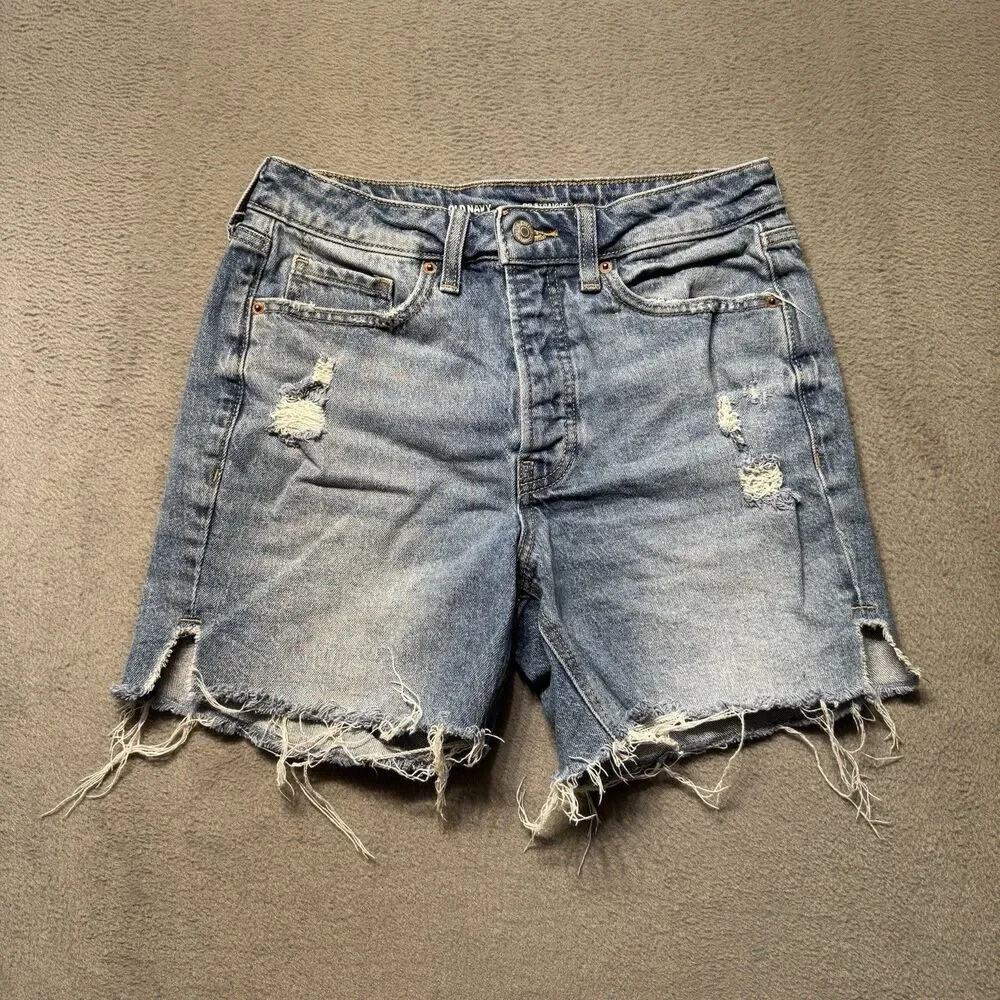 Old Navy Womens 4 Shorts Blue High Rise OG Straight Distressed Fringe Hem Denim